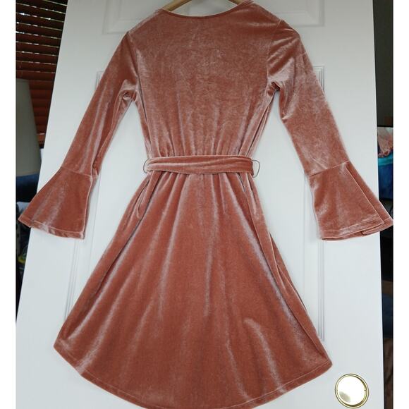 Divided Dusty Rose Velvet Dress size 4 long bell sleeves faux wrap waist tie - Picture 2 of 10
